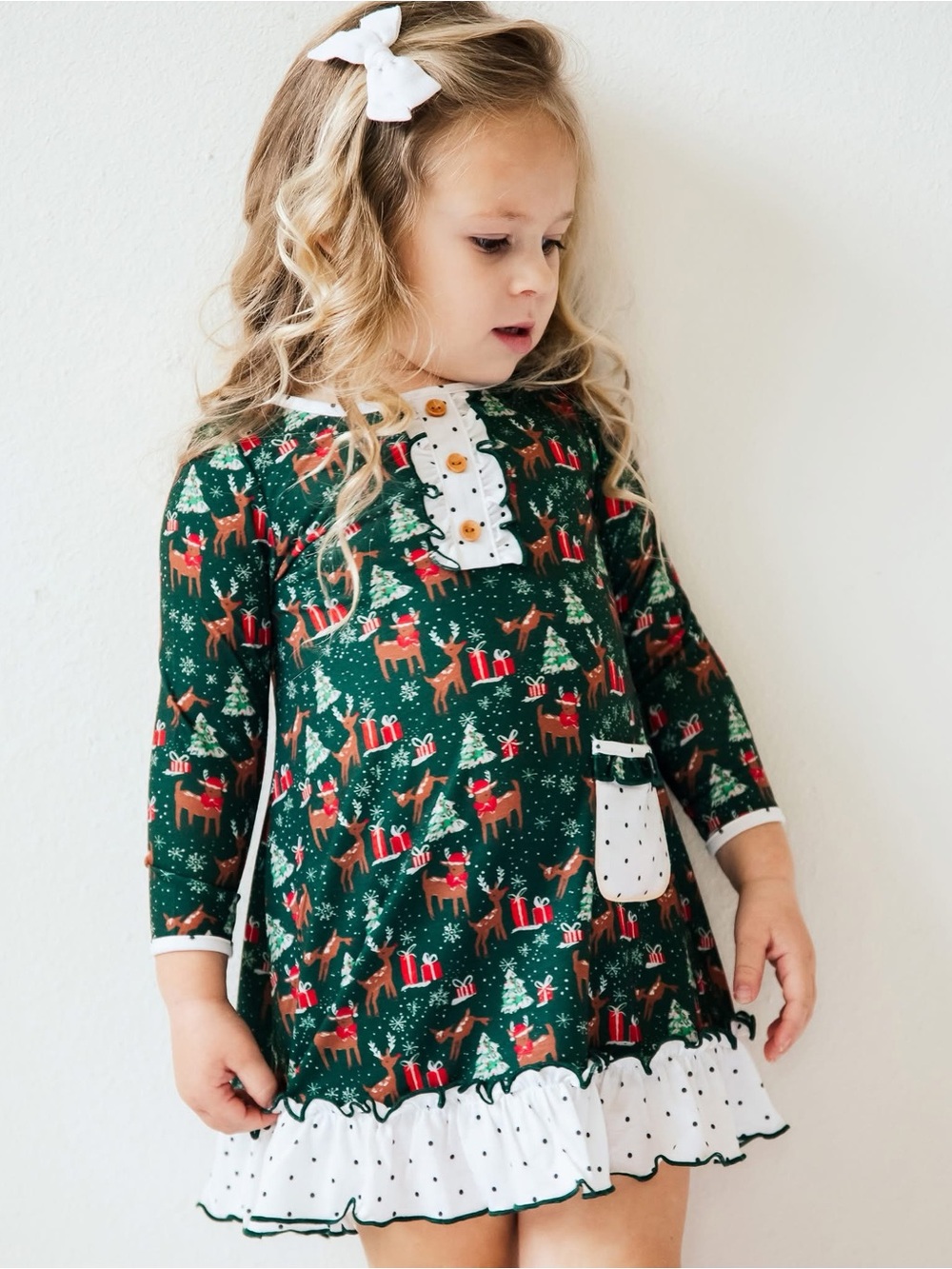 Green Reindeer & Tree Holiday Ruffle Nightgown Dress